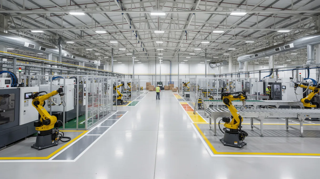 The image depicts the interior of an industrial manufacturing facility, showcasing heavy machinery alongside clean production zones. This environment emphasizes the importance of vibration control strategies, utilizing techniques such as active vibration isolation to minimize excessive vibration and enhance operational reliability.