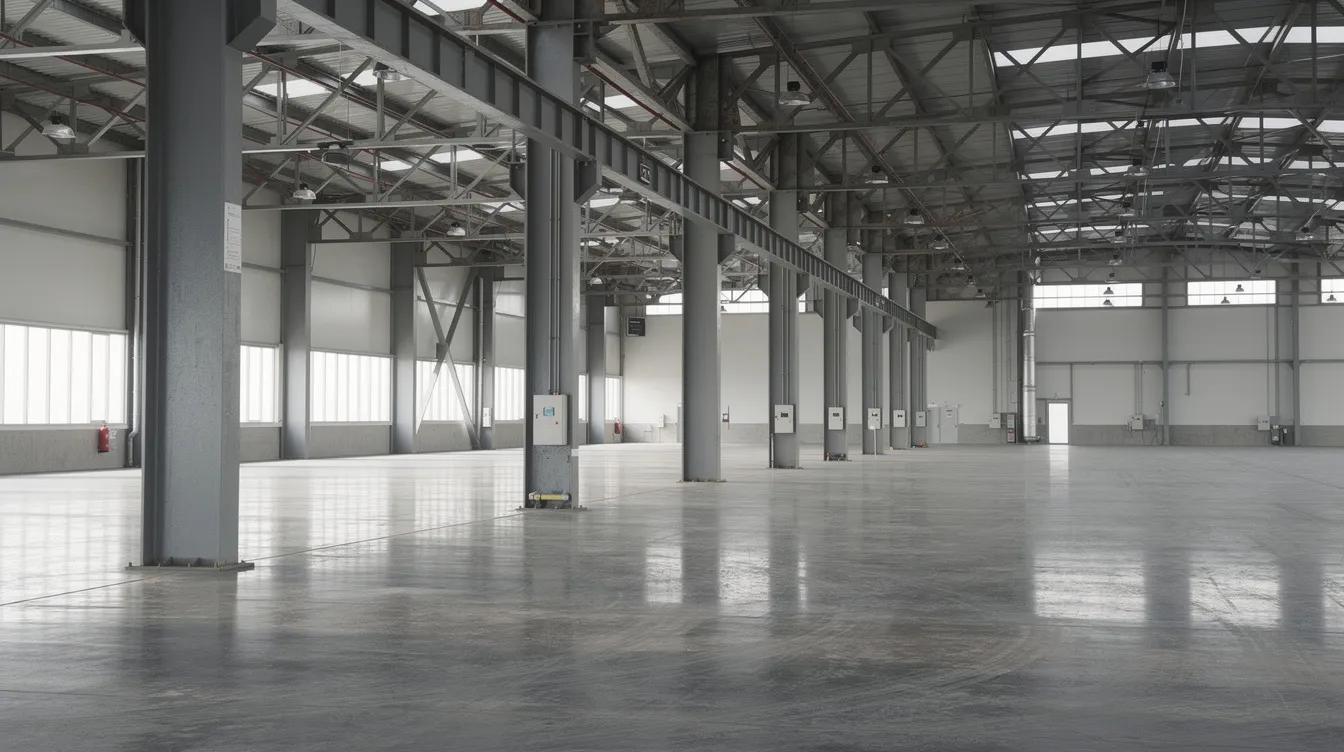 The image depicts the interior of an industrial warehouse featuring steel columns and expansive open floor space, ideal for the installation of modern overhead cranes. This setup allows for structural modifications and upgrades that enhance operational safety and efficiency, facilitating the effective use of crane systems for heavy loads.