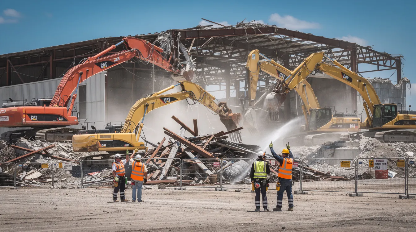 An industrial demolition site in Singapore features excavators dismantling a large warehouse structure, while workers in safety gear supervise the demolition works. This operation adheres to strict demolition protocols and waste management practices to ensure environmental protection and sustainability in the built environment.