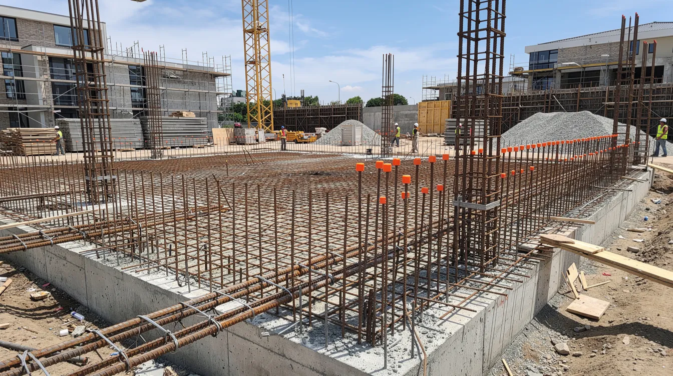 The image depicts a construction site featuring foundation reinforcement with visible steel rebar framework, essential for structural modifications. This setup is crucial for the installation of overhead cranes, ensuring the entire crane system operates safely and efficiently.