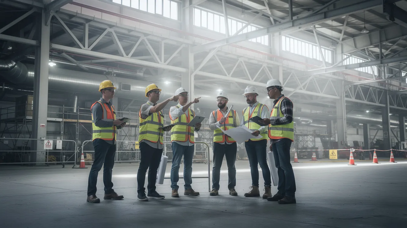 Engineers in safety gear are conducting a site inspection at an industrial building, where structural framework is prominently visible. This inspection is crucial for ensuring compliance with approved building plans and obtaining the necessary clearances for a temporary occupation permit.