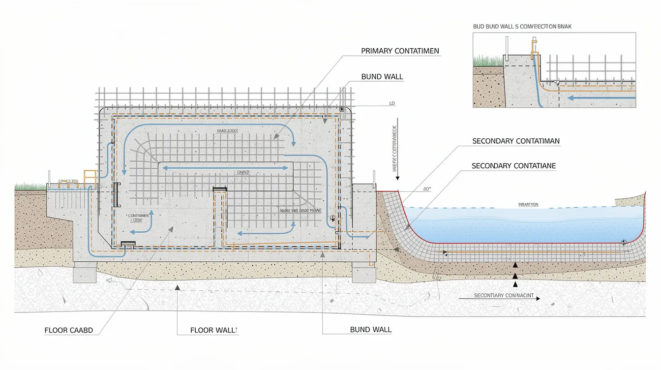 The image depicts a cross-section diagram of a reinforced concrete bunker designed for chemical storage, featuring bund walls and secondary containment systems to manage hazardous liquids. This structural engineering illustration emphasizes fire safety and operational safety measures, ensuring compliance with regulations for storing flammable and incompatible chemicals.