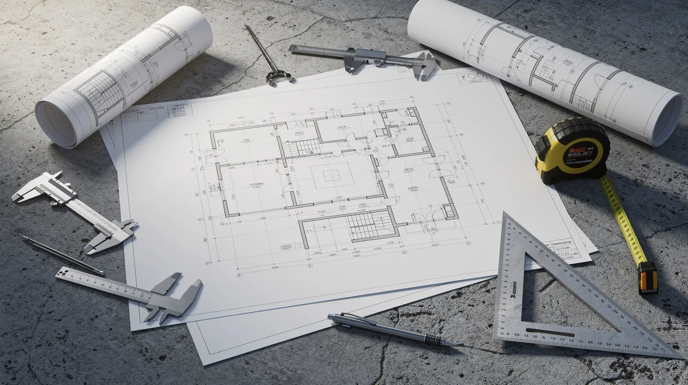 The image features a detailed technical engineering blueprint laid out on a concrete slab, accompanied by various measurement instruments used for analyzing vibration control techniques. This setup is essential for managing vibration levels and ensuring the reliability of structural components in high-tech manufacturing facilities.