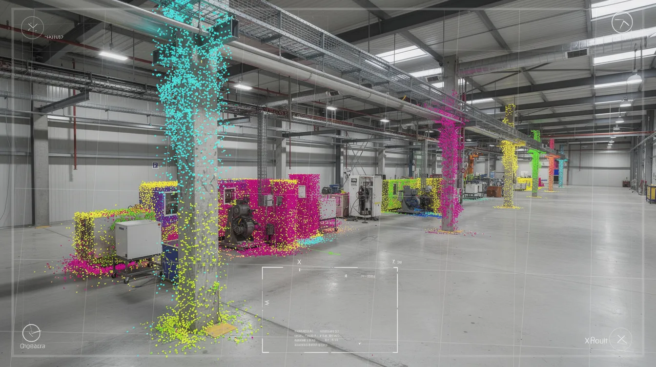 The image depicts a digital scan visualization of an industrial building's interior, showcasing point cloud data that is overlaid on various structural elements. This intricate representation may relate to the necessary clearances and documentation required for obtaining a temporary occupation permit, highlighting the building's compliance with approved building plans and construction authority guidelines.