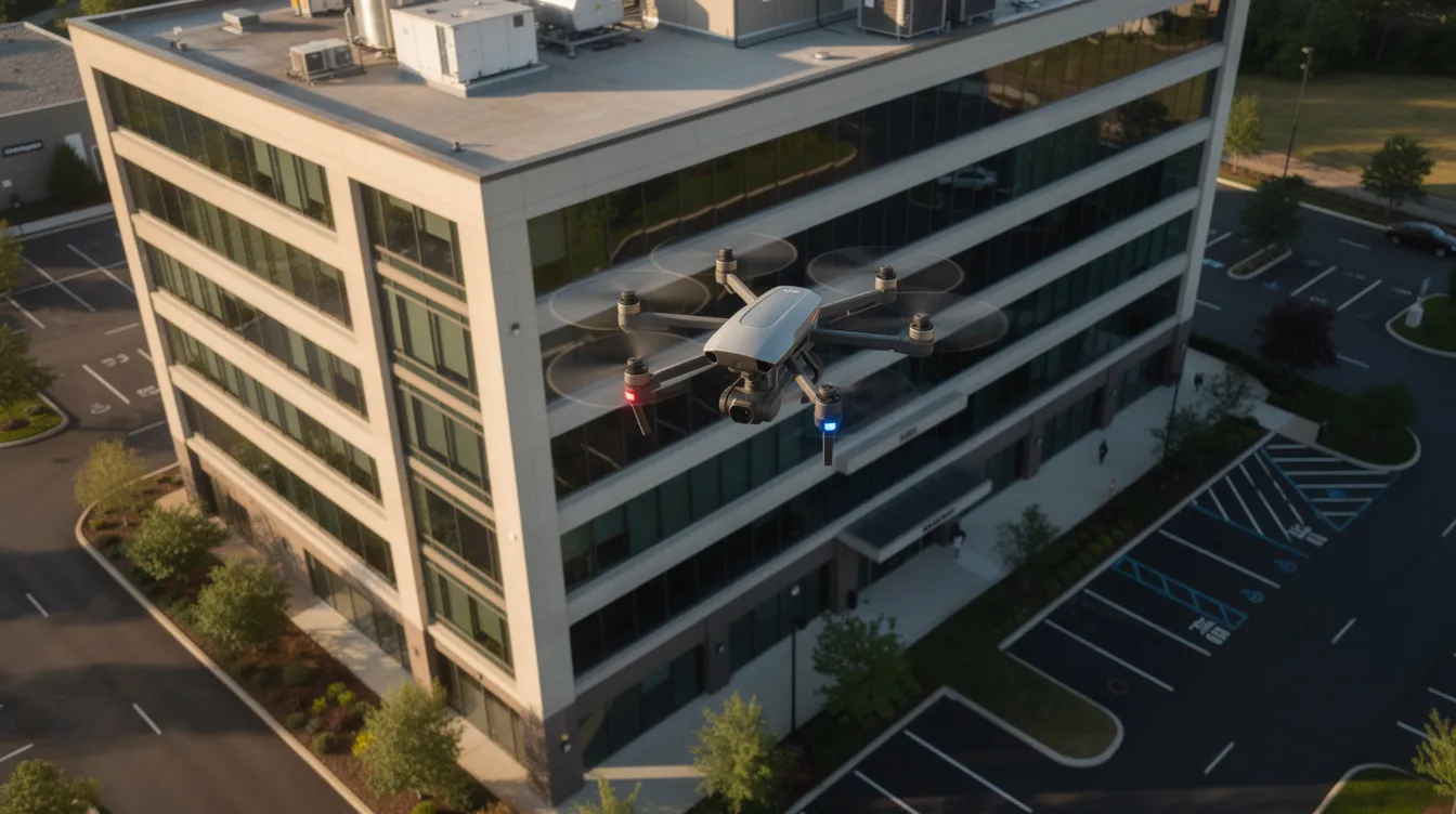 An aerial view captures a drone conducting a systematic facade inspection of a multi-storey commercial building, showcasing the use of advanced drone technology to efficiently identify potential defects on the building facade. This inspection method enhances regulatory compliance and supports building maintenance efforts while minimizing the risks associated with traditional inspection methods.
