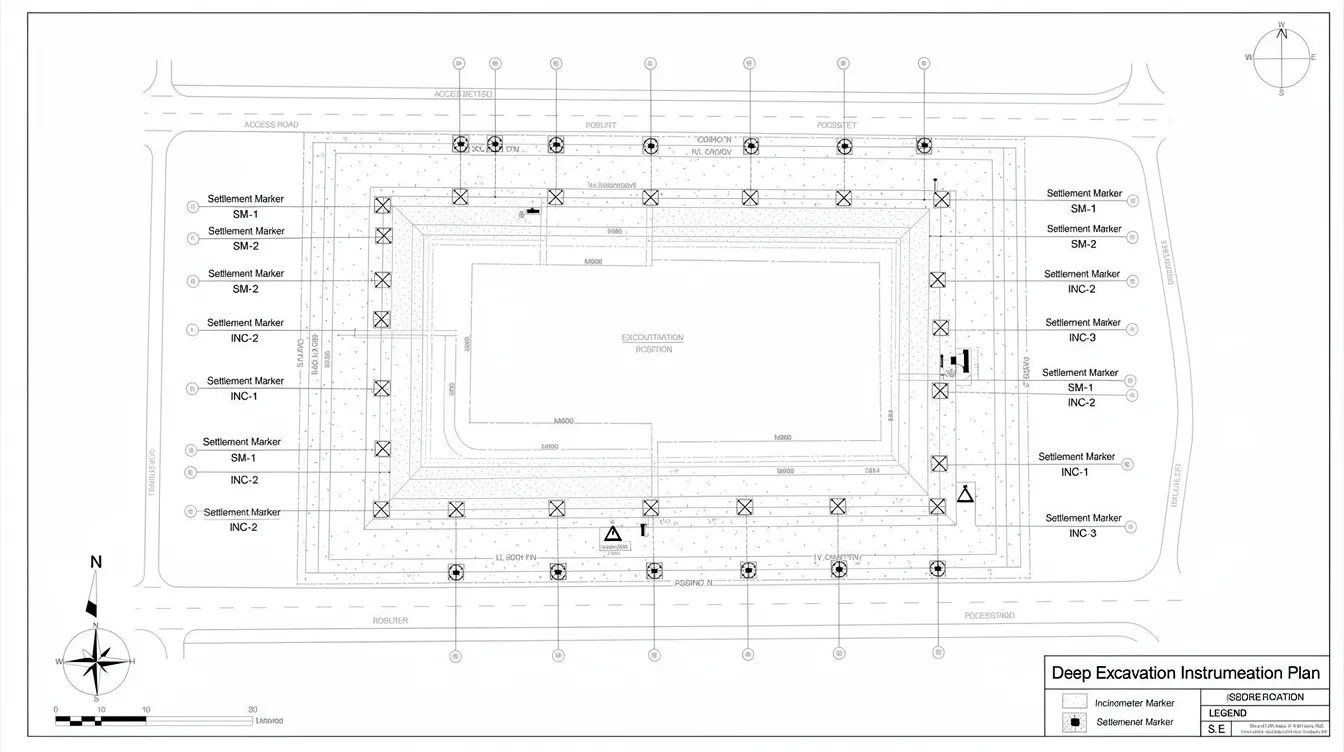 The image depicts a plan view drawing illustrating the placement of instruments around a deep excavation site, with settlement markers and inclinometer positions clearly marked. This layout is essential for instrumentation monitoring and aligns with the site investigation report requirements for structural works and geotechnical parameters.