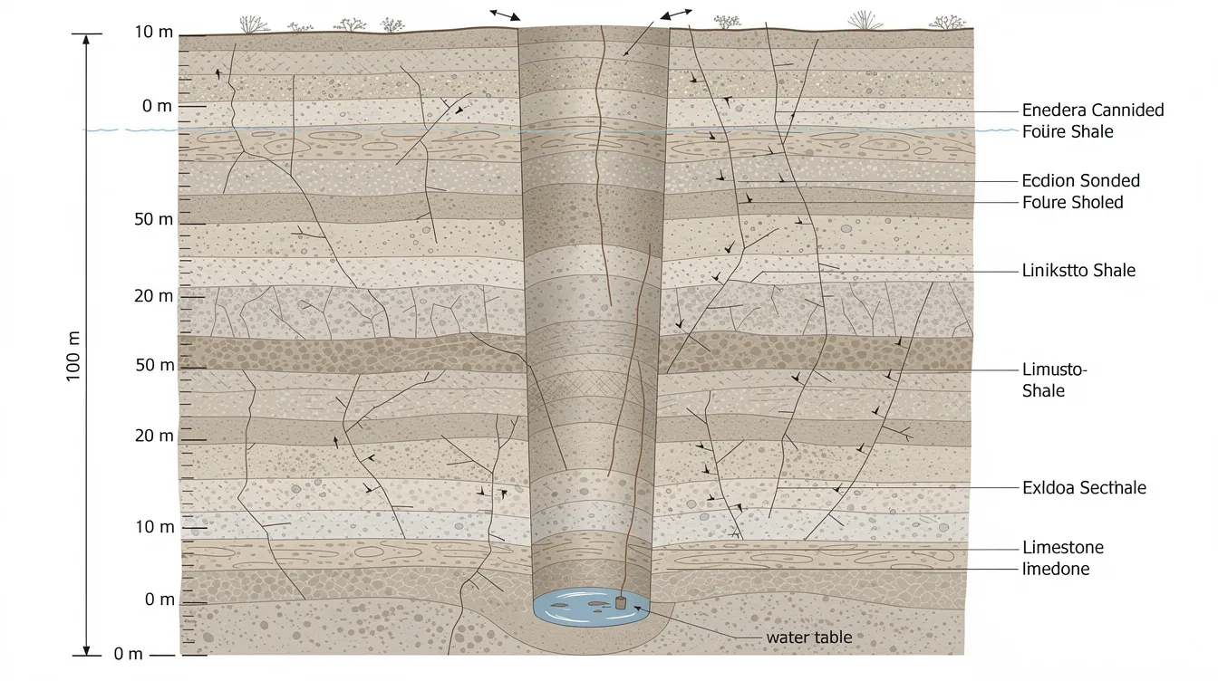 This cross-section diagram illustrates the interbedded sedimentary rock layers within a deep vertical shaft excavation, showcasing various rock mass properties and jointed rock masses typical of Singapore's sedimentary Jurong formation. The diagram highlights the engineering geological properties, including rock mass strength and deformation modulus, essential for understanding underground cavern excavation and rock engineering practices.