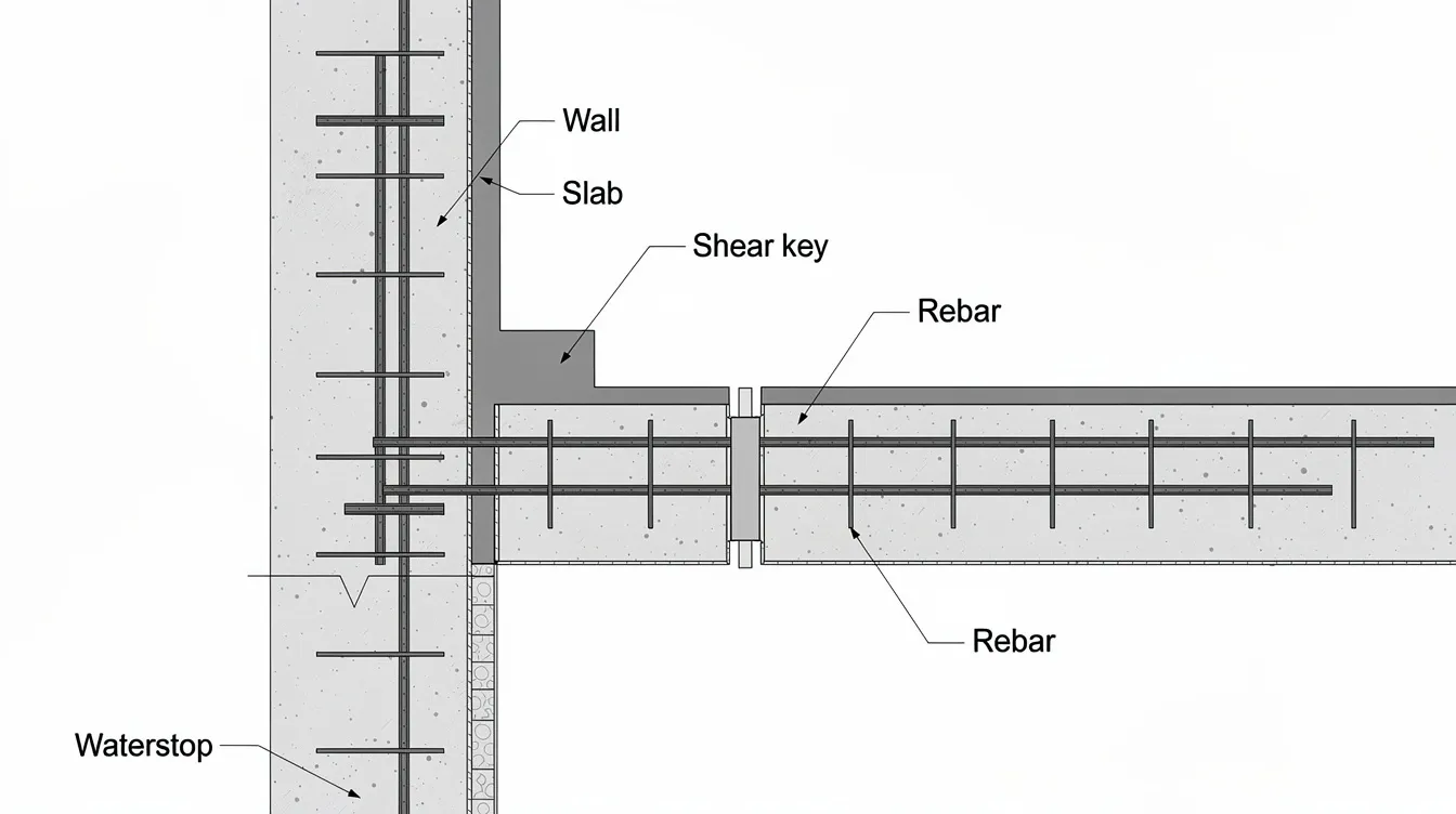 This image depicts a cross-section of a concrete shear key at a wall-slab construction joint within a basement structure, showcasing the intricate details of the diaphragm wall construction. The illustration highlights the interaction between the shear key and the surrounding earth retaining structures, essential for maintaining stability during deep excavation projects.