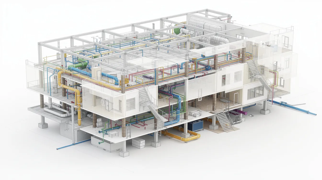 The image depicts a detailed BIM model showcasing layered views of structural, architectural, and MEP building systems, highlighting the seamless coordination essential for construction projects. This visual representation aids project teams in understanding the complex interactions between different systems, crucial for effective BIM implementation and project delivery.