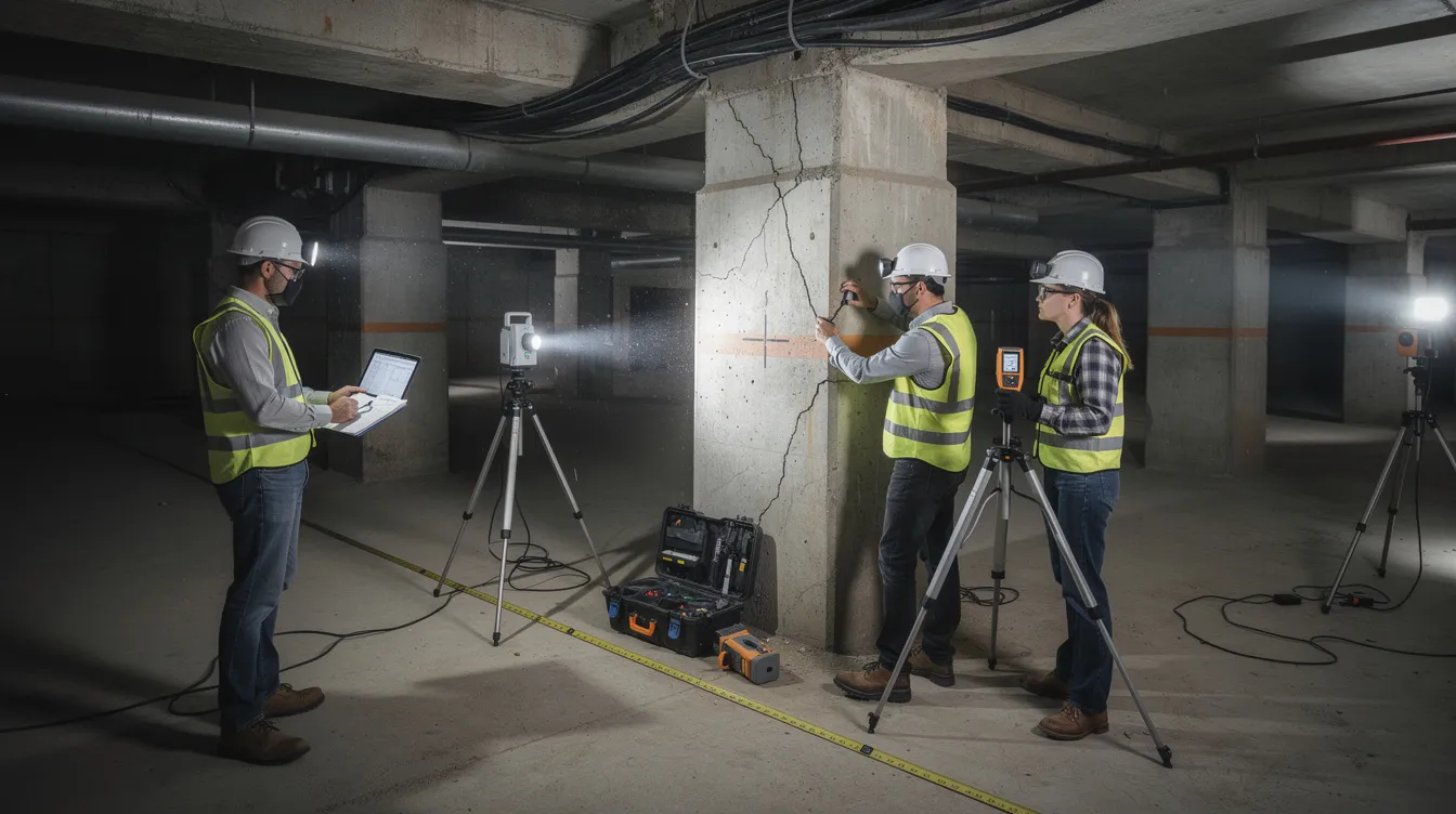Engineers are conducting a structural assessment inside an underground basement, utilizing testing equipment and measurement tools to evaluate the structural stability of the existing building. The focus is on ensuring compliance with safety standards while analyzing the retaining walls and soil conditions for effective construction methodology.