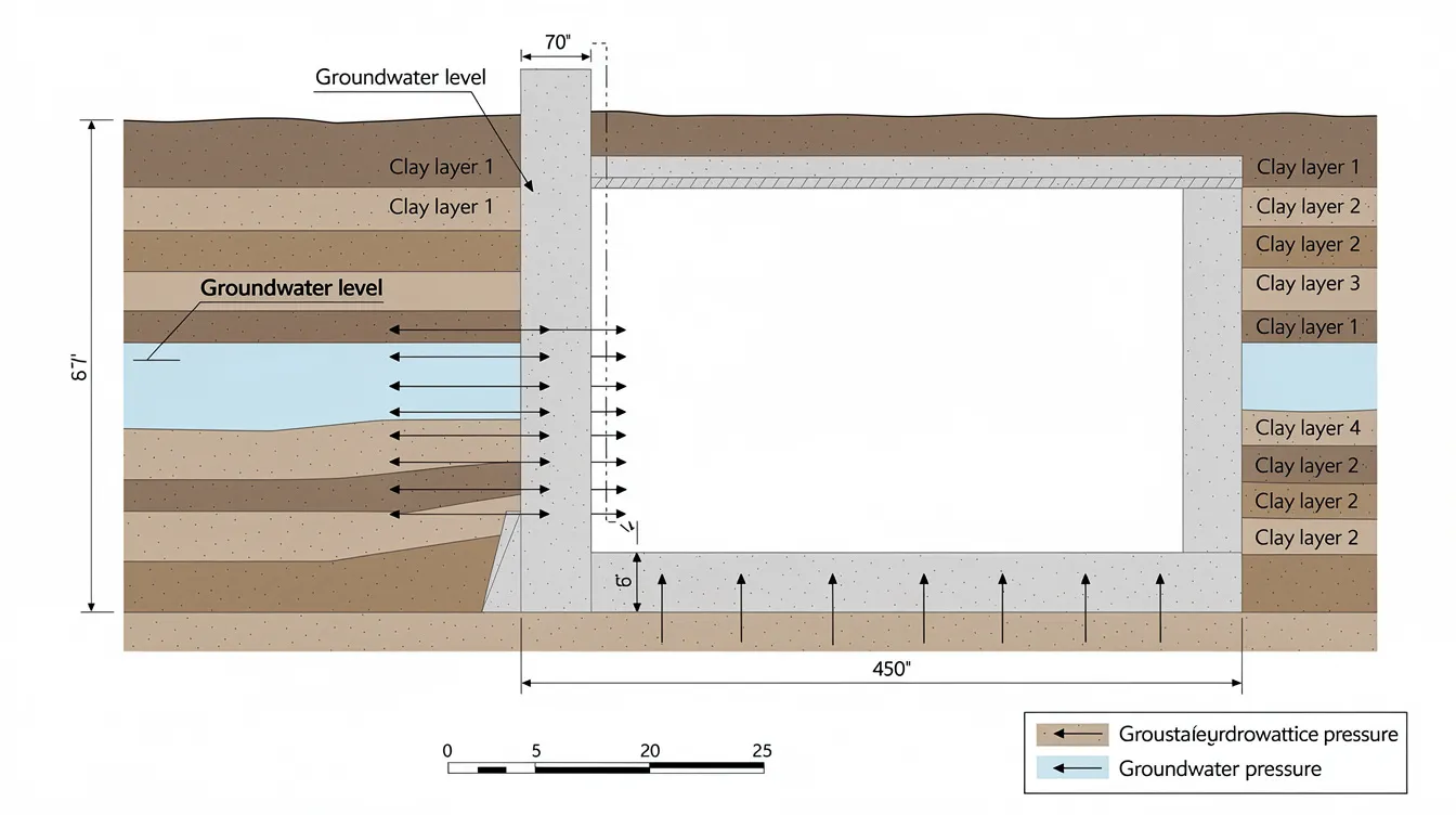 The image is a cross-section diagram illustrating groundwater pressure acting on deep basement walls, which are surrounded by clay soil layers. It highlights the hydrostatic pressure exerted on the foundation walls, emphasizing the importance of proper drainage systems and waterproofing to maintain structural integrity and prevent long-term damage.