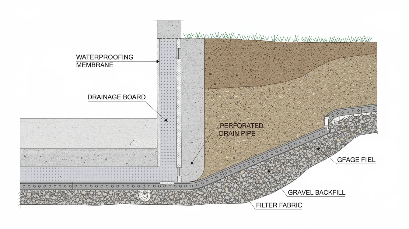 The image depicts a permanent basement retaining wall featuring drainage provisions and a waterproofing membrane installation, highlighting the use of sheet piles and soldier piles as part of the earth retaining structure. This construction detail showcases the project's compliance with the building and construction authority's submission requirements and emphasizes the structural capacity necessary for deep excavation and stabilizing adjacent structures.