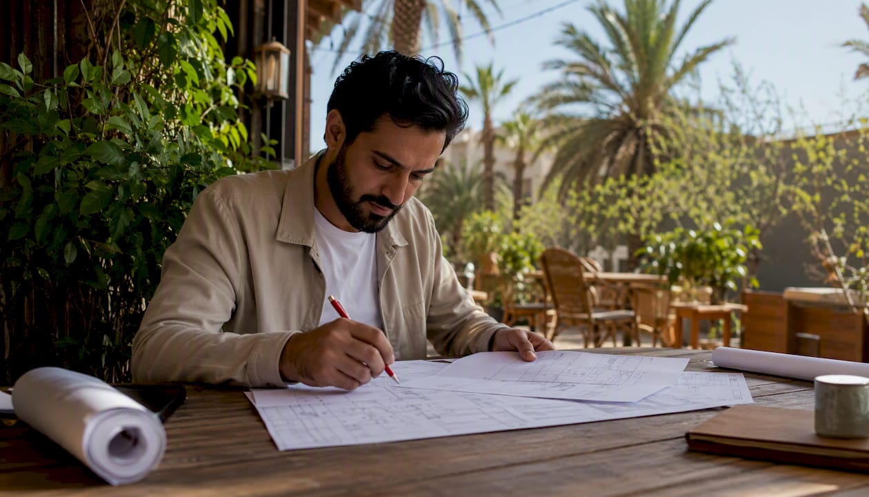 Electrical engineer reviewing drawings in Dubai office