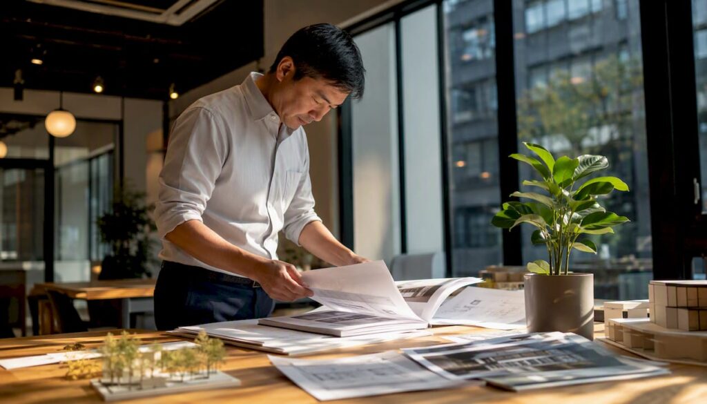 Architect reviewing building plans in office