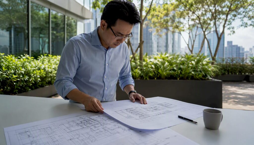 Architect reviewing BIM plans at desk