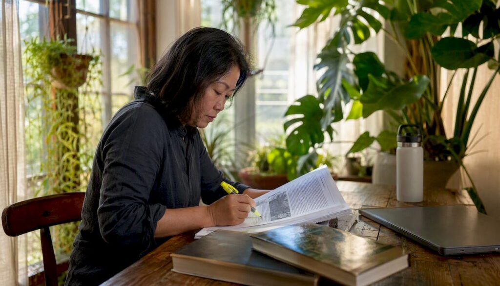 Environmental consultant reviewing site assessment documents in office