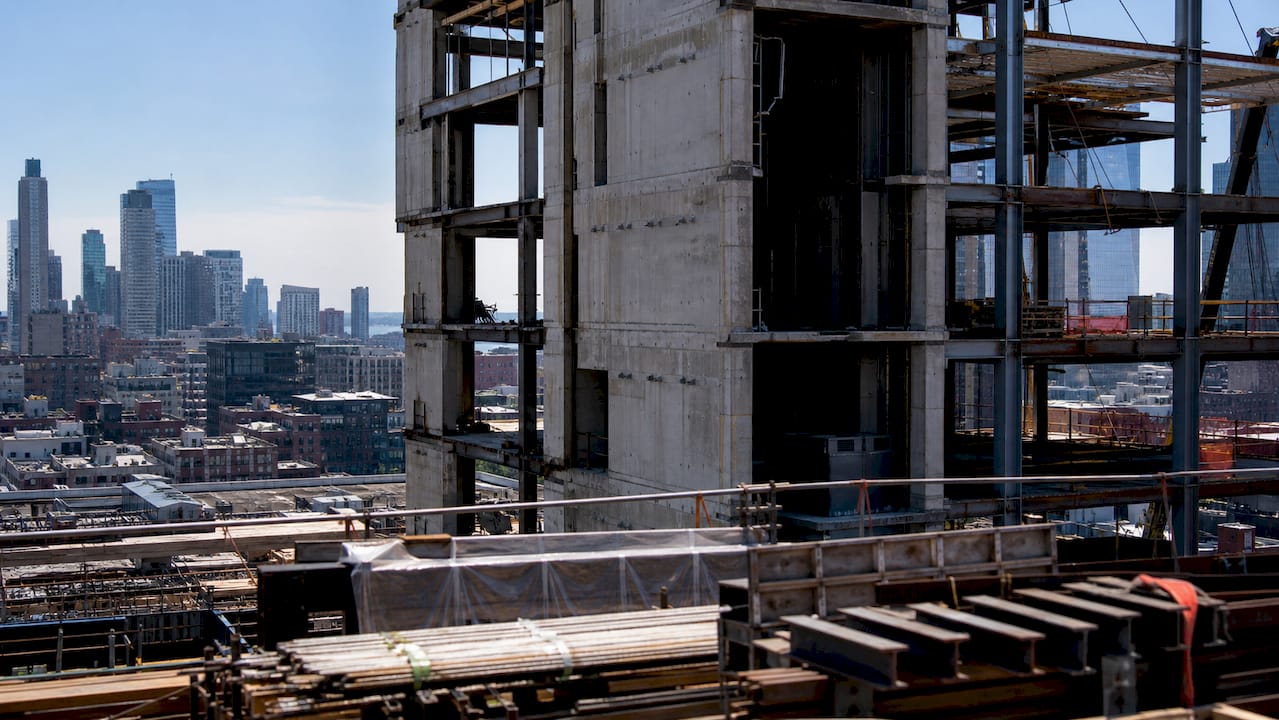 High-rise building core and steel frame construction