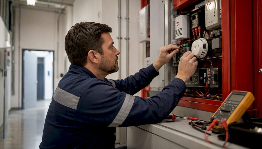 Hands calibrating smoke detector panel