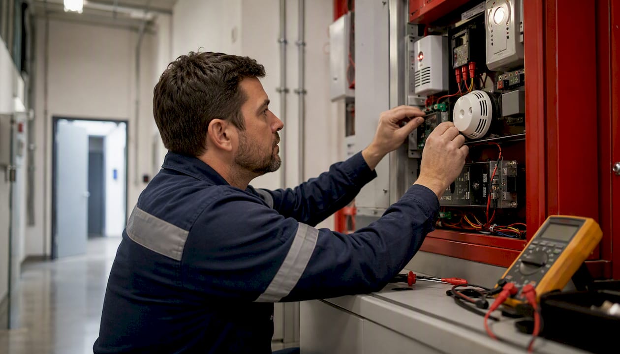 Hands calibrating smoke detector panel