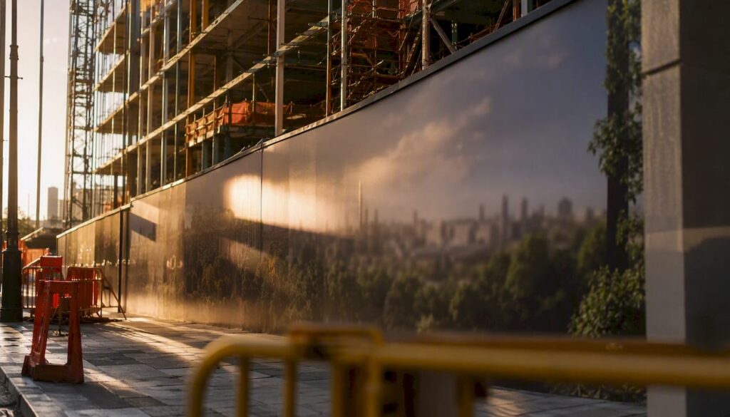 Construction site hoarding with slogan