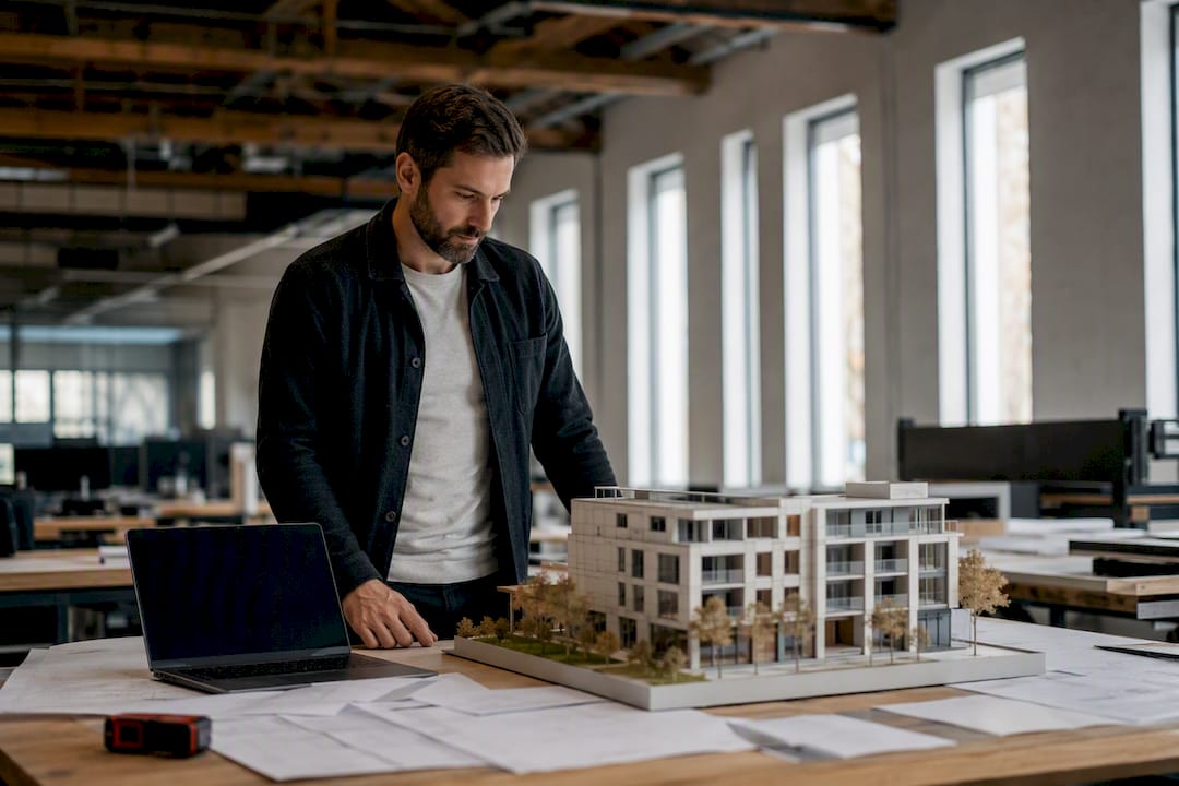 Engineer reviewing BIM scale model with blueprints