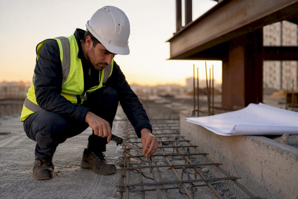 Engineer inspecting rebar at overseas construction site