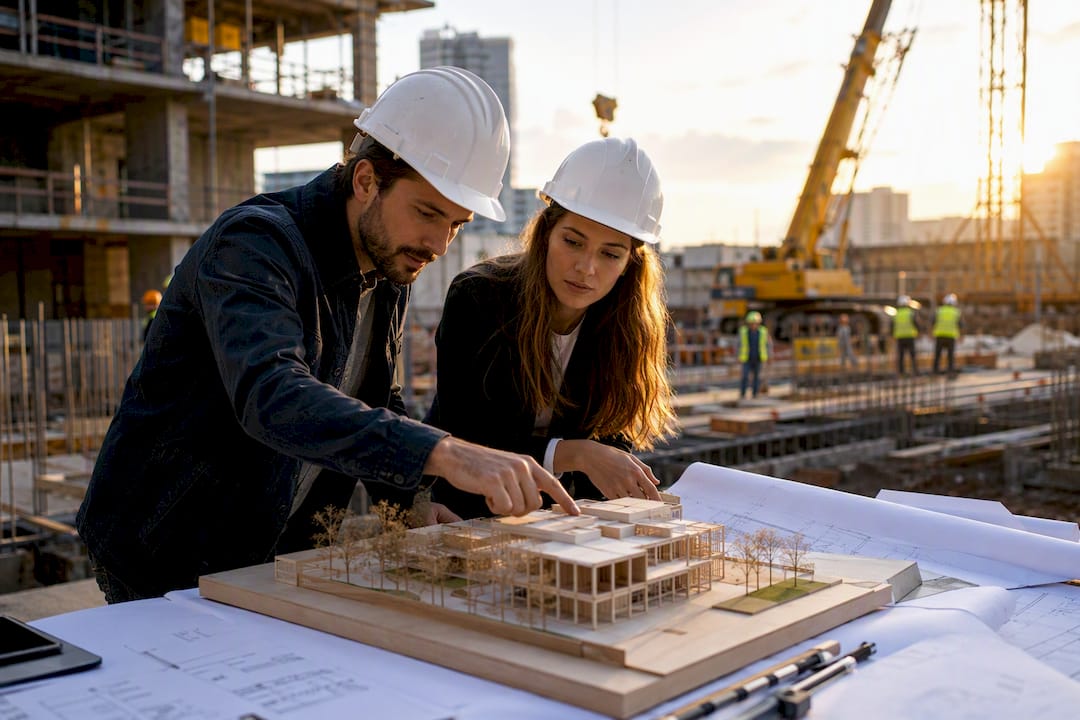 Hands adjusting architectural scale model