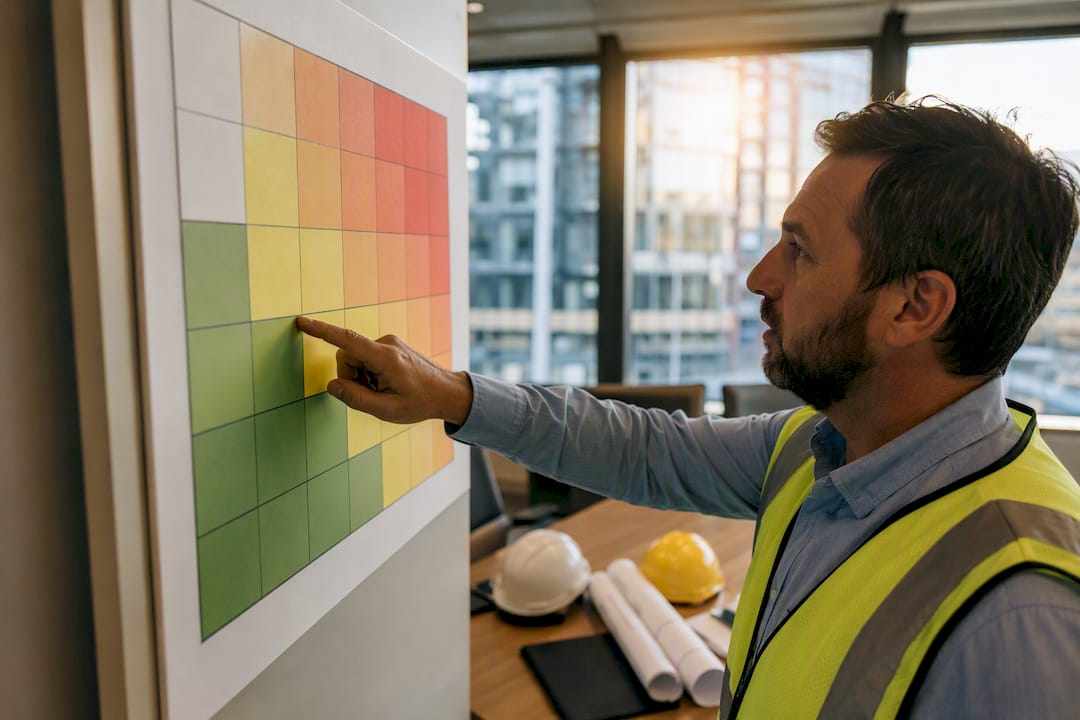 Manager pointing at construction risk matrix chart