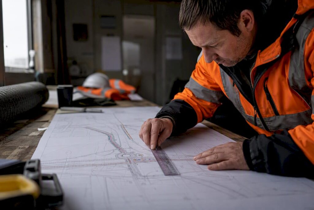 Hand aligning ruler on road closure schematic plan