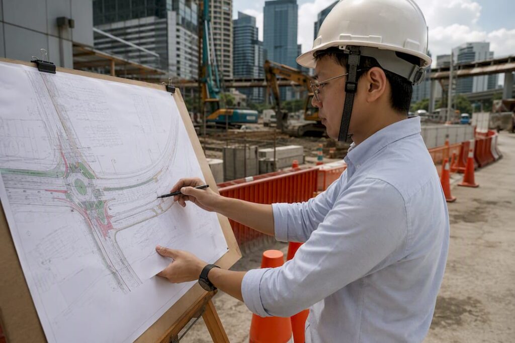 Engineer inspecting site plan at urban road intersection