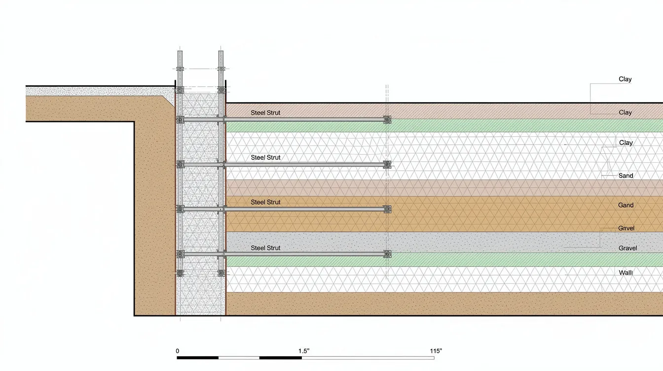 The image depicts a finite element mesh illustrating soil layers surrounding a braced excavation, complete with a retaining wall and steel struts. This visualization is essential for understanding soil mechanics and the structural loads involved in deep excavations and earth retaining structures.