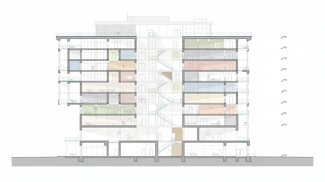 The image depicts a cross-section of a multi-story building, showcasing the various enclosed floor areas across all levels, including rooms, corridors, and common areas. It highlights the gross floor area calculation, with visible external and internal walls, as well as spaces like storage rooms and meeting rooms, providing a comprehensive view of the building's structure and layout.