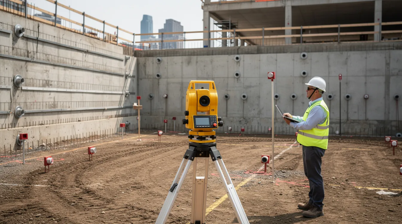The image depicts a construction site featuring deep basement retaining walls, with surveying equipment set up for a post-construction inspection. The scene emphasizes the importance of compliance with building control regulations and the role of qualified professionals in ensuring structural safety during the inspection process.