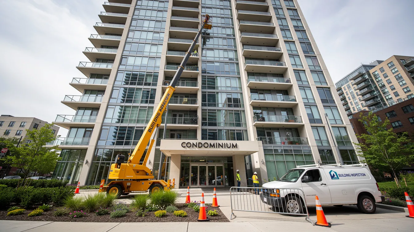 The image depicts a modern residential high-rise condominium building exterior, showcasing its sleek façade, with visible inspection equipment nearby, indicating a facade inspection process. This setup highlights the use of advanced technology, such as drones and cameras, to ensure regulatory compliance and identify any potential defects in the building facade.