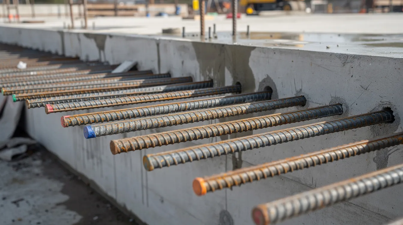 The image shows reinforcement starter bars protruding from a concrete diaphragm wall, which is prepared for connection to the basement slab in a deep excavation project. This setup is crucial for ensuring the structural capacity and stability of the earth retaining structures in the construction sequence.