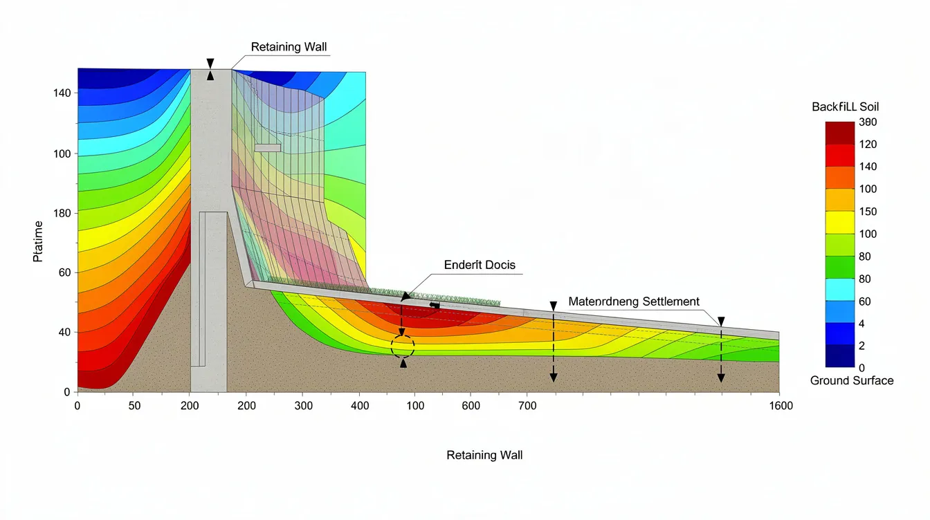The image depicts a deformation contour plot illustrating the lateral wall deflection and ground settlement behind a retaining wall, highlighting the impact of soil properties and structural loads in excavation and tunneling projects. This visual representation is essential for understanding wall movement and ground deformation in the context of geotechnical engineering and earth retaining structures.