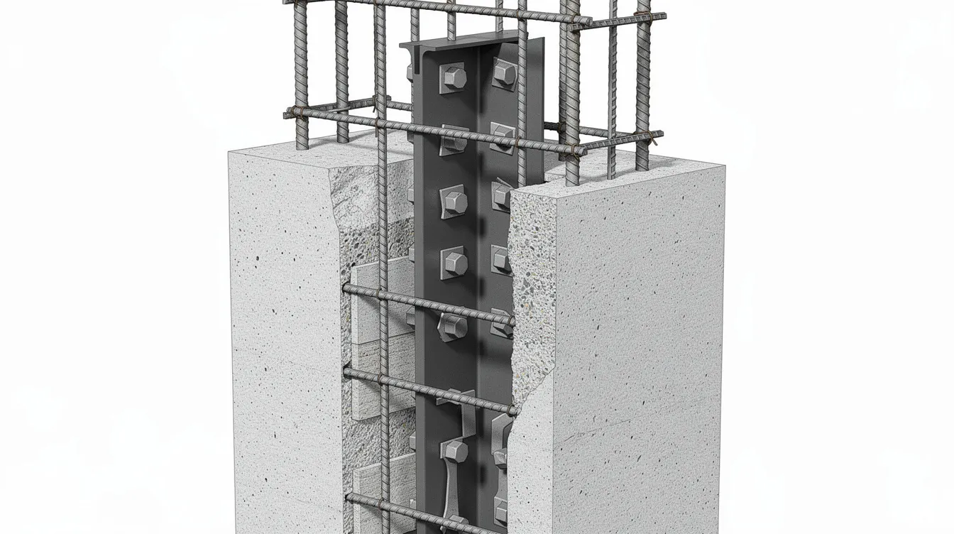 The image depicts a steel king post section embedded within a reinforced concrete column, showcasing visible shear studs and reinforcement bars. This construction detail is essential in top down construction methods, particularly for deep basement excavation projects, ensuring structural integrity and support during the construction sequence.