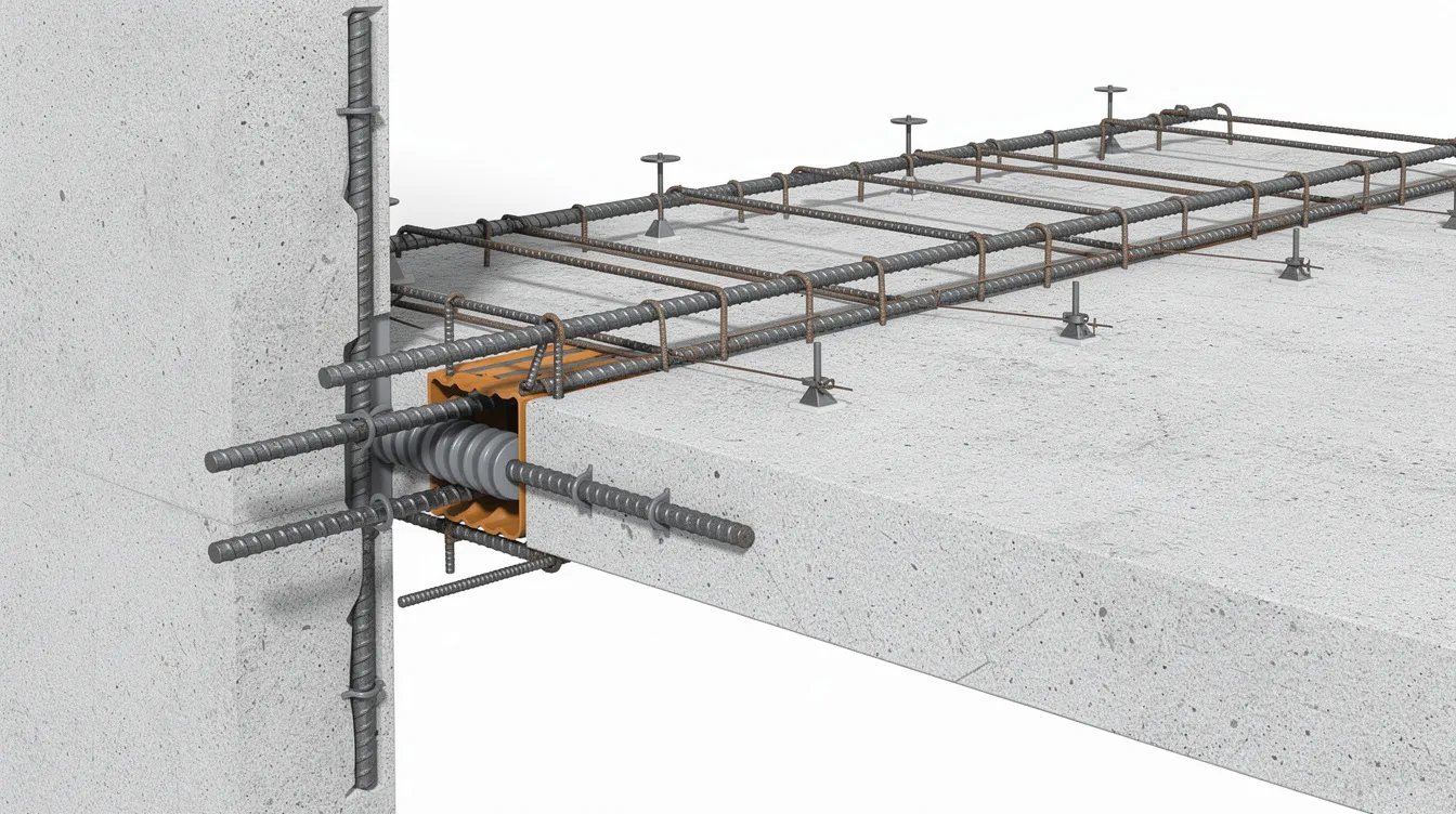 The image shows a close-up view of reinforcement bars extending from a concrete diaphragm wall panel into a basement floor slab, highlighting the installation of a waterstop. This detail is crucial in the top down construction method, particularly in deep basement excavation projects, ensuring the integrity of the permanent structure and preventing water infiltration.