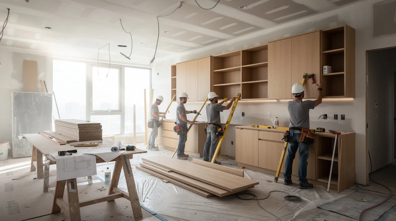 A bustling construction site showcases workers diligently installing custom cabinetry in a partially renovated apartment, emphasizing the meticulous attention to detail and quality craftsmanship integral to the renovation process. This scene reflects the efforts of interior designers in creating functional living spaces that meet the specific requirements of homeowners.