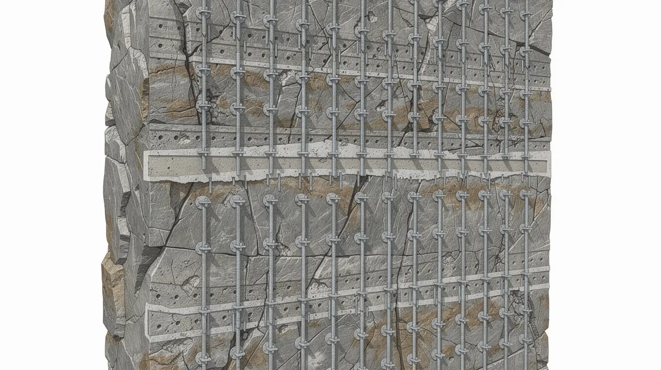 The image depicts a close-up view of a grouted rock bolt installation pattern in a deep shaft wall, showcasing systematic reinforcement of jointed rock masses. This installation is crucial for ensuring the stability and strength of the underground cavern excavation within Singapore's sedimentary rock mass, particularly in the Jurong formation.