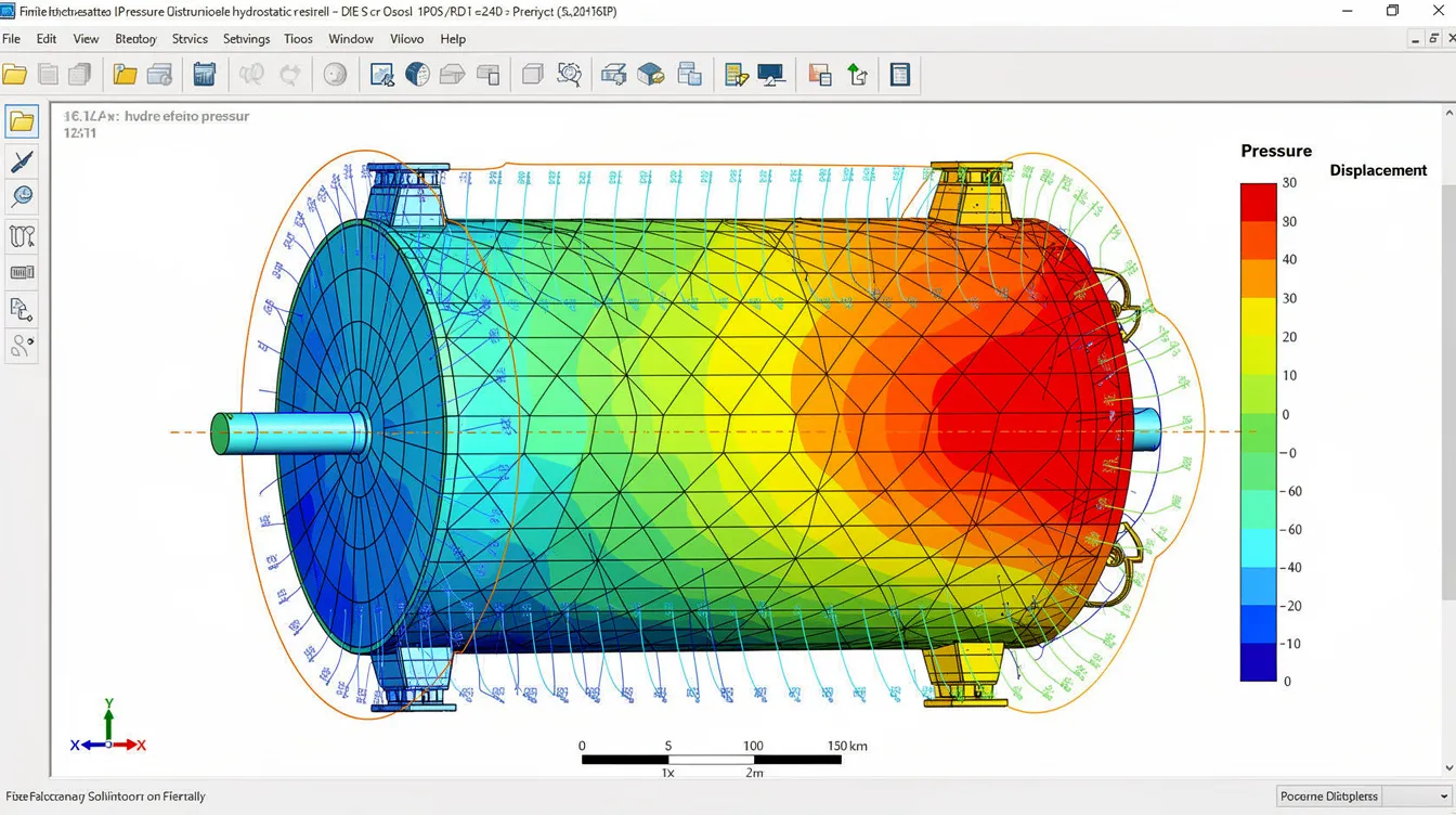 The image depicts a finite element mesh illustrating the distribution of hydrostatic pressure on basement walls, along with an analysis of wall deflection. This visual representation highlights the effects of groundwater pressure on structural integrity, emphasizing the importance of proper drainage systems and waterproofing to prevent long-term damage to underground structures.