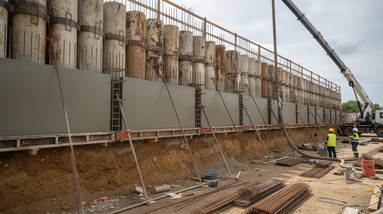 The image depicts the construction of a reinforced concrete facing wall being cast against contiguous bored piles, showcasing visible reinforcement connections. This retaining structure is part of the excavation process for a museum building foundation, emphasizing the integration of contiguous pile walls and lateral earth support systems.