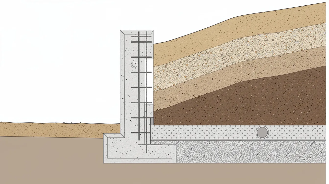 The image depicts a cross-section view of a concrete retaining wall, showcasing visible reinforcement bars embedded within it, set against a backdrop of layered coastal soil. This illustration highlights the structural integrity and durability design of permanent retaining structures, essential for managing excavation depths and protecting adjacent structures in construction projects.