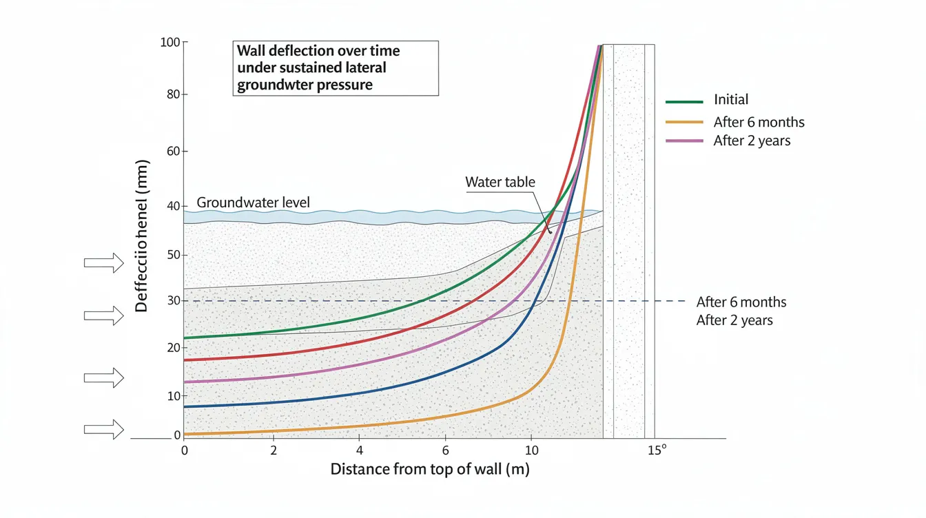 The diagram illustrates the progressive deflection of basement walls over time due to sustained lateral groundwater pressure, highlighting the impact of hydrostatic pressure on structural integrity. It emphasizes the importance of proper drainage systems and waterproofing methods to manage groundwater levels and prevent long-term structural damage.