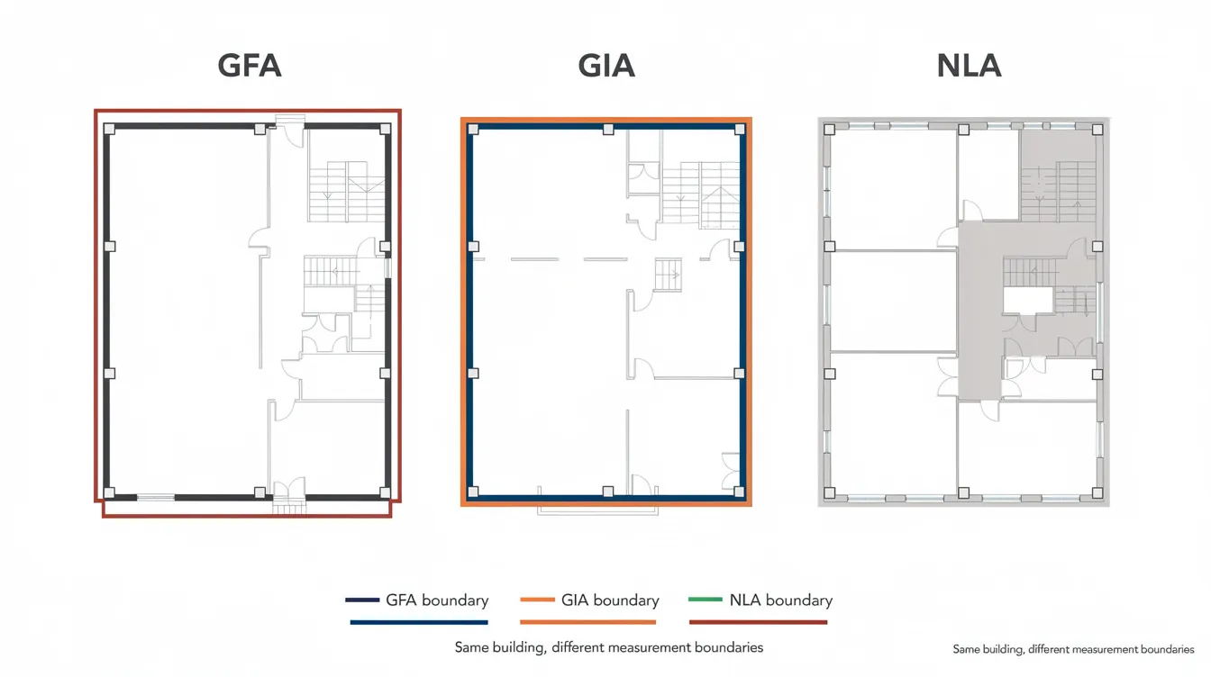 The image displays side-by-side floor plans of a building, illustrating the measurement boundaries for Gross Floor Area (GFA), Gross Internal Area (GIA), and Net Lettable Area (NLA). Each plan highlights features such as external walls, internal walls, and common areas, providing a clear understanding of the total floor area and construction costs involved.