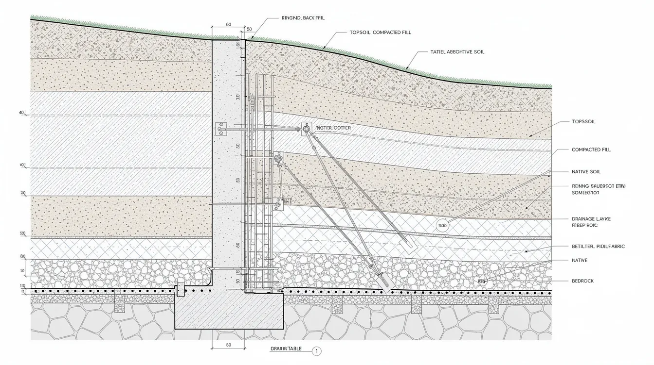 The image depicts a cross-section diagram of an underground retaining wall system, illustrating the various soil layers and structural reinforcement details essential for ensuring structural stability. This diagram highlights the construction methodology and engineering considerations necessary for effectively managing lateral earth pressures in basement construction beneath existing buildings.