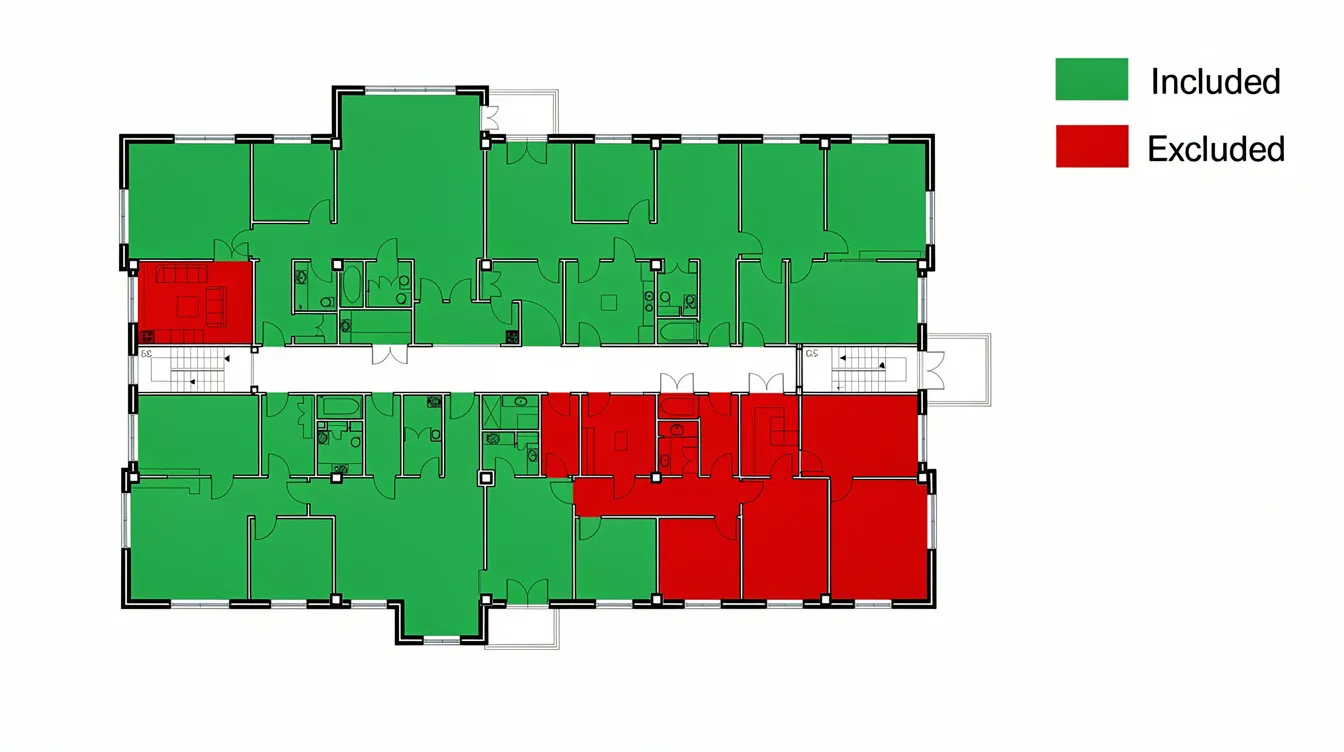 The image displays a color-coded floor plan, with areas included in the gross floor area calculation highlighted in green and excluded areas marked in red. This layout provides a precise understanding of the total floor area, including spaces such as meeting rooms and storage rooms, while excluding voids and uncovered areas.