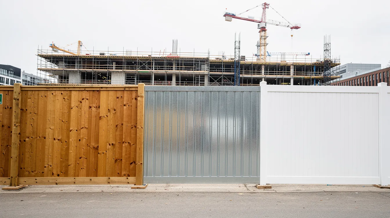 The image shows three different types of construction site hoarding installations side by side: timber panels, galvanised steel sections, and white UPVC hoarding. These temporary structures serve as visual barriers to protect the public and maintain site safety during ongoing construction activities.