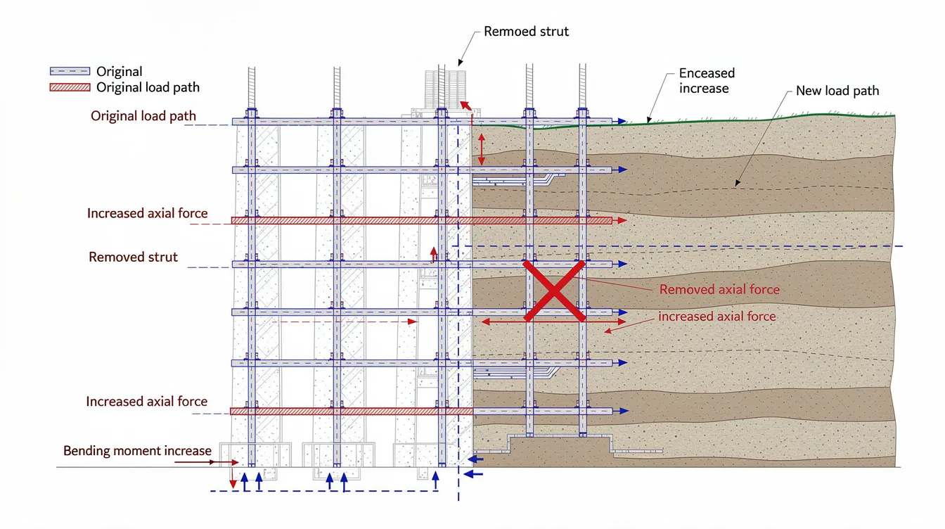 The image depicts a load path diagram illustrating the redistribution of forces in a multi-propped excavation after the removal of one strut level. This visual representation emphasizes the importance of structural redundancy and alternate load paths in maintaining structural integrity and preventing disproportionate collapse in engineering design.