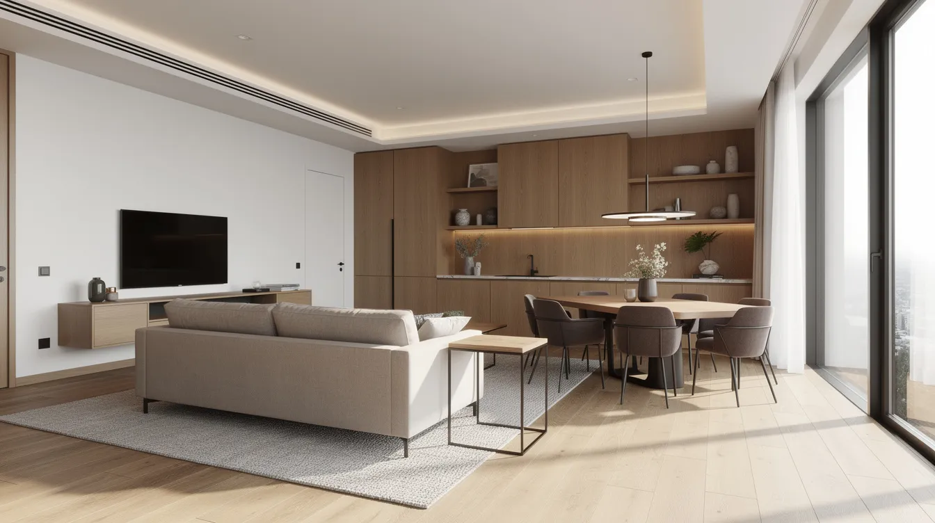 The image depicts a completed modern apartment interior featuring an open-plan living and dining area, adorned with warm wood tones that create a cozy atmosphere. This stylish design exemplifies the expertise of top interior designers, showcasing functional spaces that prioritize both aesthetics and comfort in residential living.